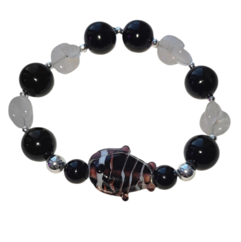 Black Onyx And White Glass Beads with Lampwork Fish Stretch Bracelet